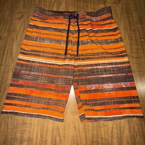 Prana‎ Board Shorts Swim Trunks Mens 36 UPF 50+ Swimwear Orange Brown Striped